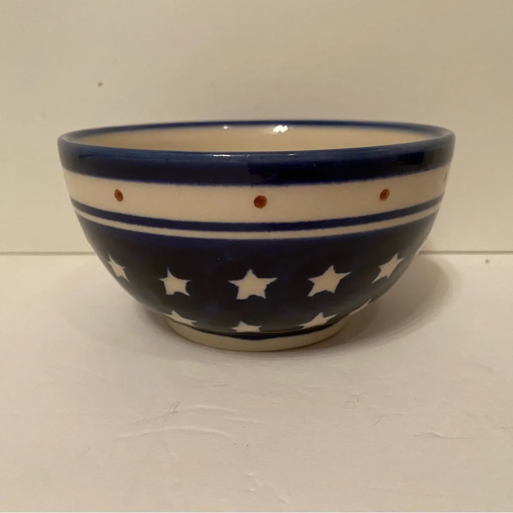 POLISH POTTERY BOWL BLUE WHITE STARS HANDMADE HOME DINING CEREAL FRUIT DINNER